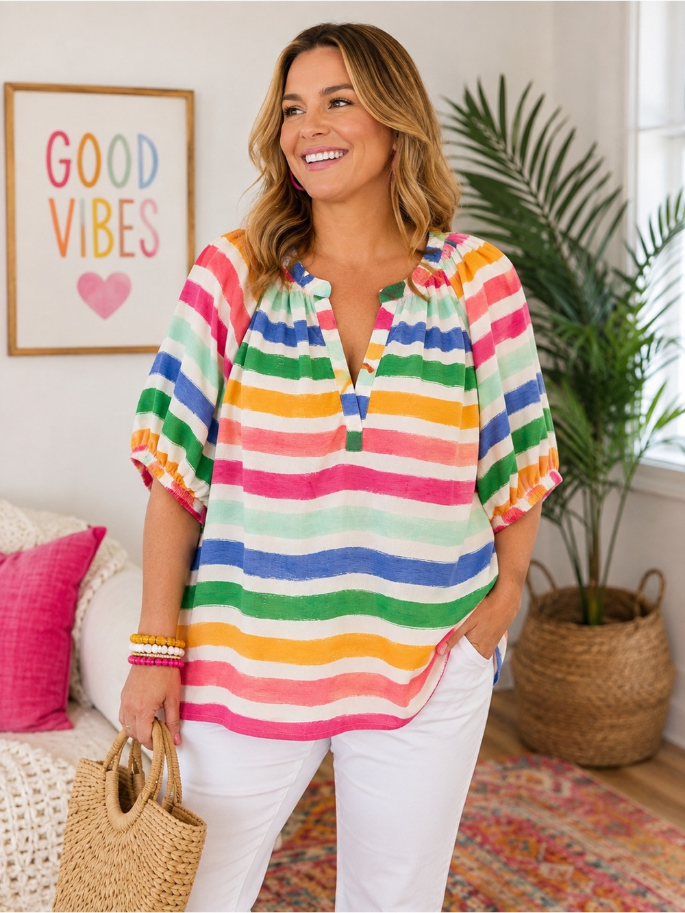 Crown & Ivy Rainbow Stripe Puff Sleeve Top 1X Colorful Coastal Preppy